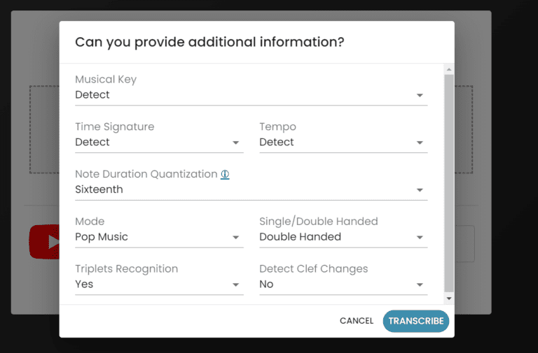 Screenshot of musical parameters dialog