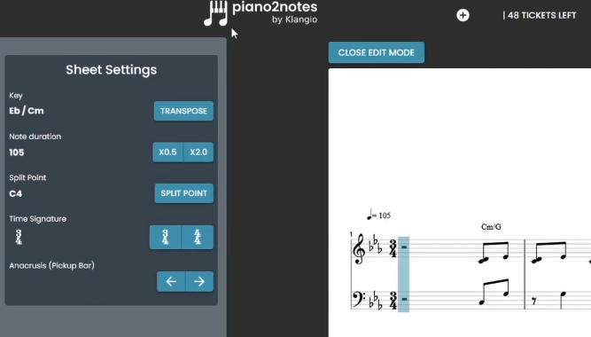 The settings provided in the Edit Mode of Piano2Notes