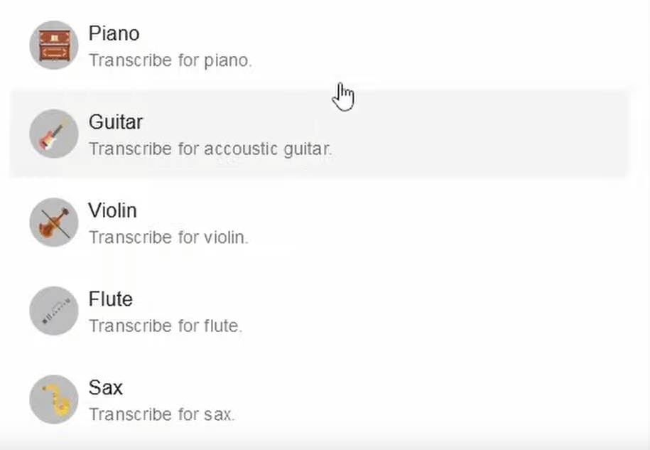 Selecting one of the available instruments for the Lead Sheet in Melody Scanner.