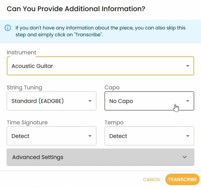 The Additional Information window of Guitar2Tabs.