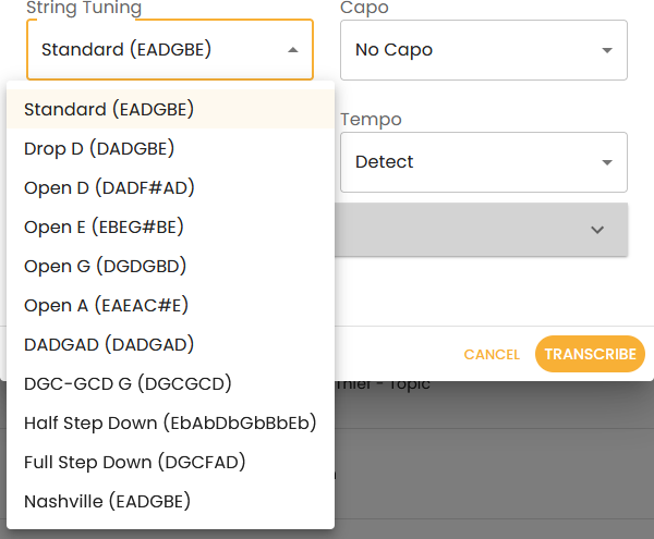 Select a String Tuning for your Guitar2Tabs configuration.