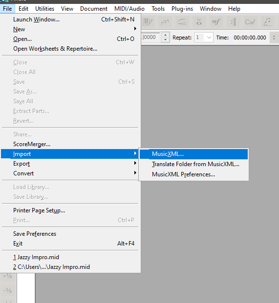 Opening a MusicXML file with Finale.